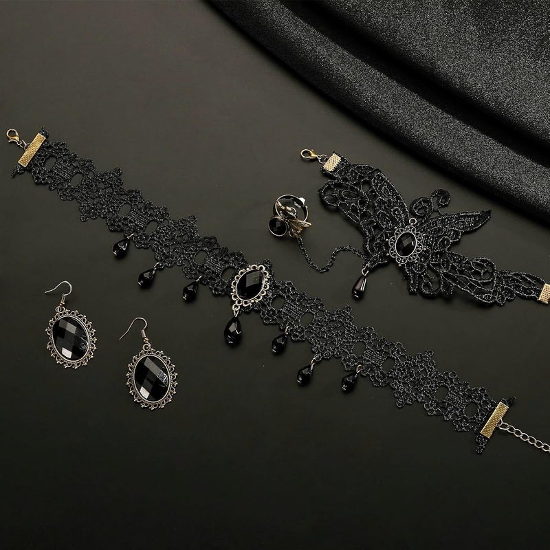 ELLEZZA Gothic Victorian Style Vampire Choker Necklace Bracelet Earrings Set,Halloween Pirate Steampunk Witch Vampire Costume Accessories Jewelry for Women,Adjustable Size - Image 4